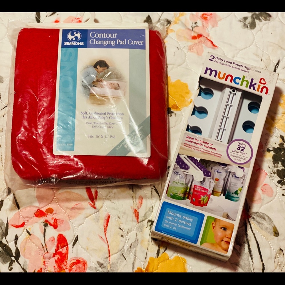 Changing pad cover and baby food pouch organizers